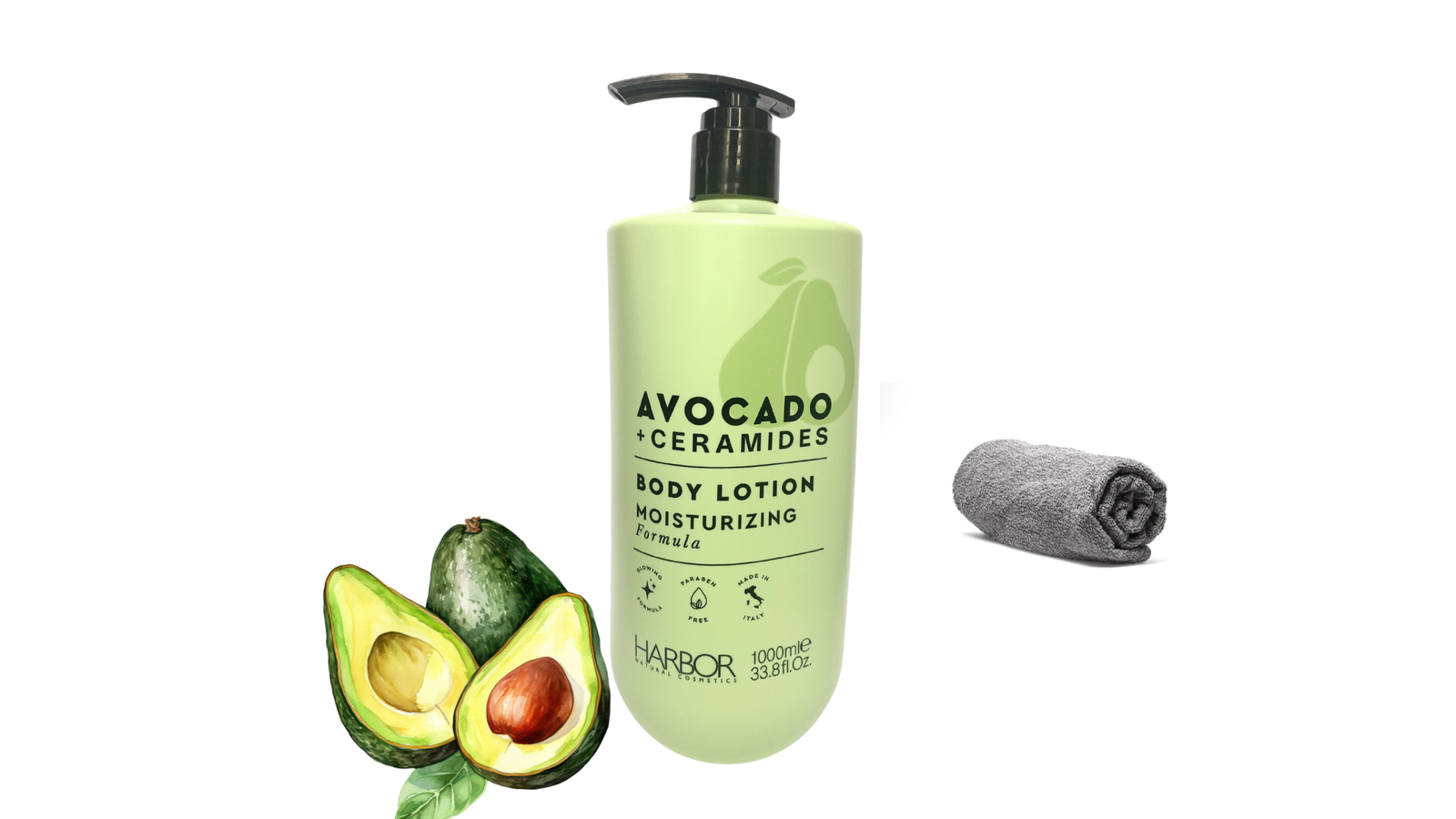 Avocado + Ceramides Moisturizing Body Lotion standing on a clean surface with avocado slices – natural skincare for glowing skin.