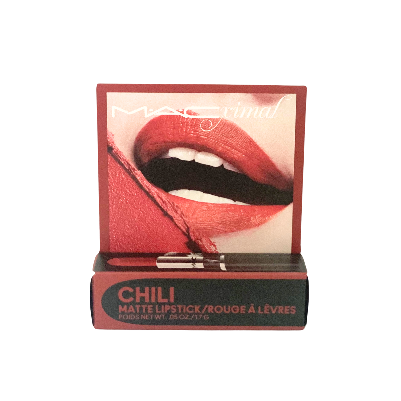 M.A.Cximal Mini Matte Lipstick in 602 Chili – bold red in a sleek black mini tube.