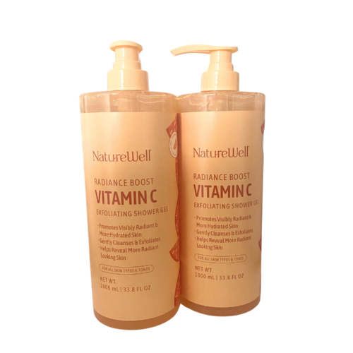 Naturewell Radiance Boost Vitamin C Exfoliating Shower Gel 2-Pack – brightening body wash with gentle exfoliants in orange bottles.