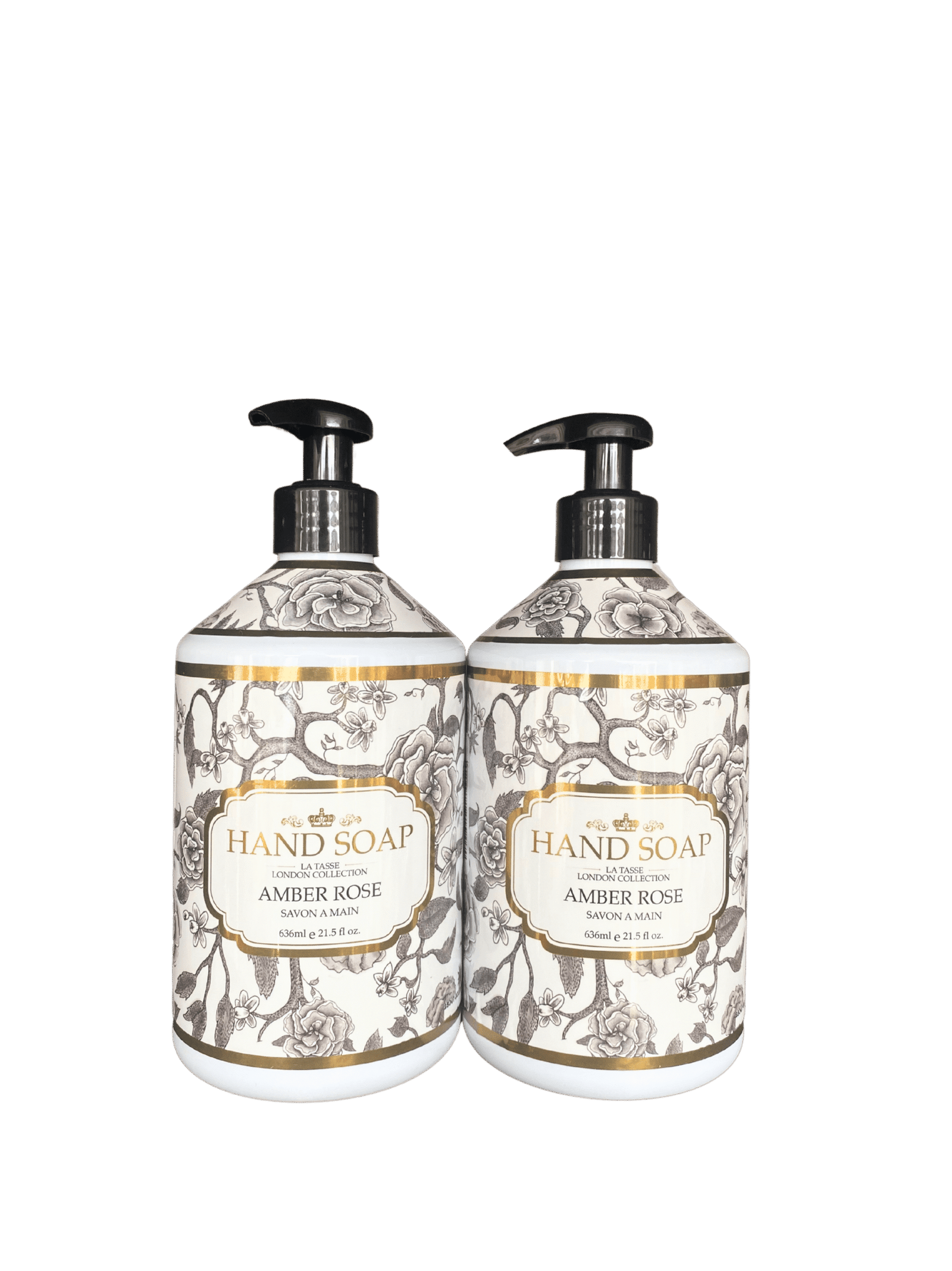 Two bottles of Amber Rose Hand Soap by Home & Body Company with elegant rose-gold floral packaging