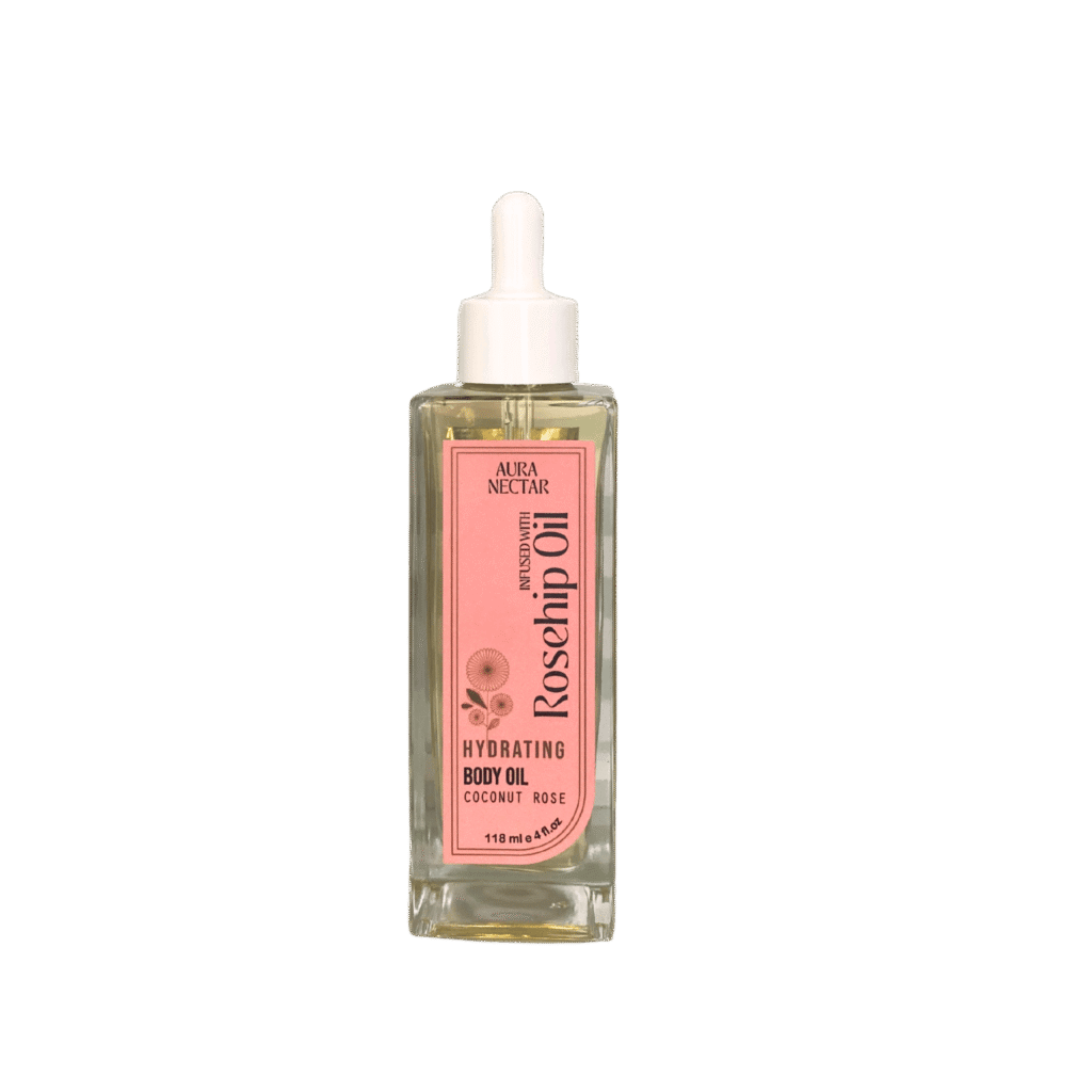 Aura Nectar Coconut Rose Hydrating Body Oil bottle with rose petals and coconut accents