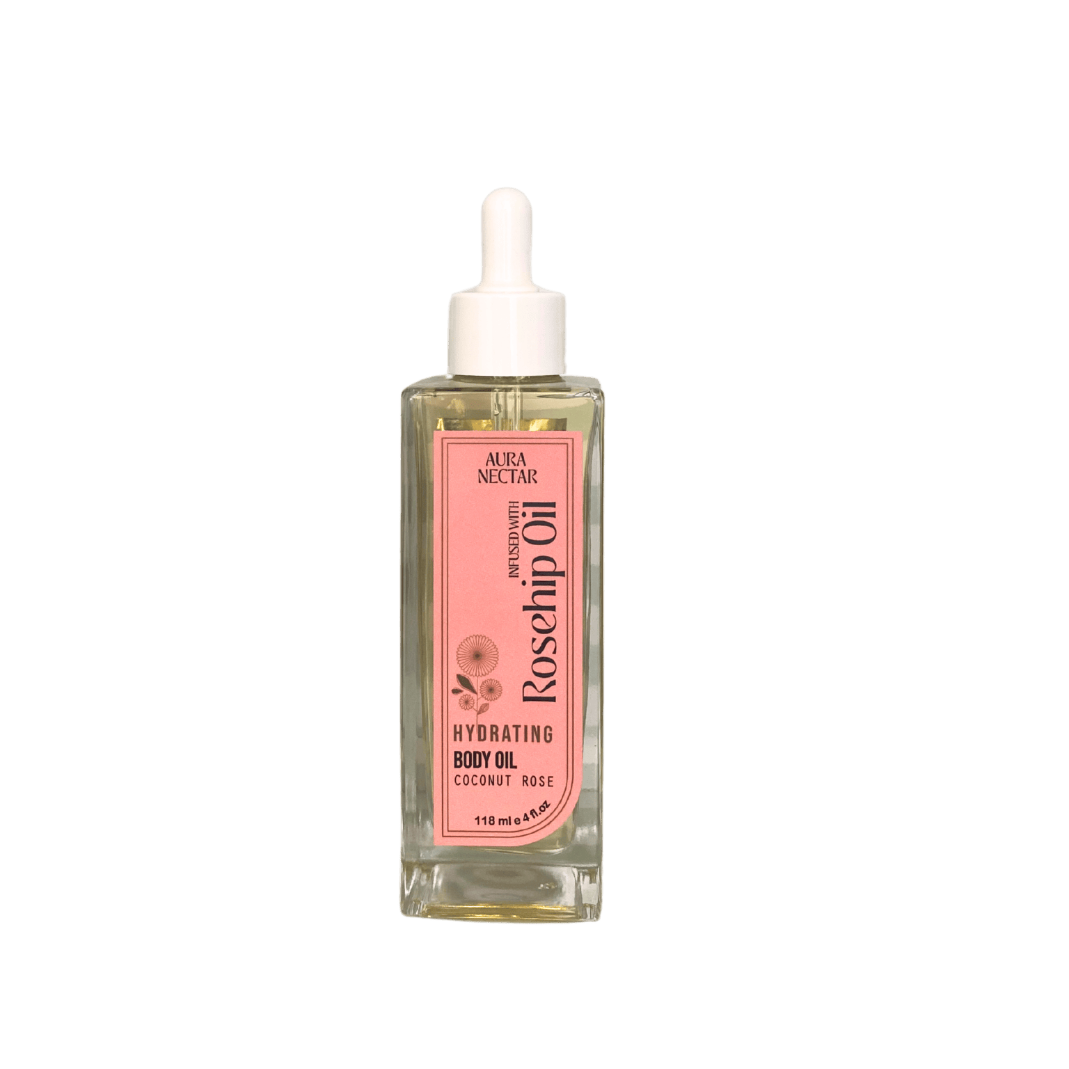 Aura Nectar Coconut Rose Hydrating Body Oil bottle with rose petals and coconut accents