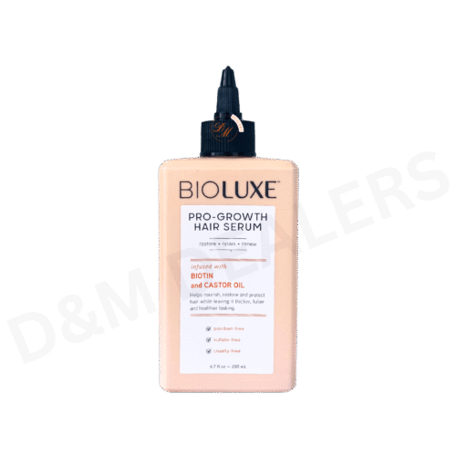 Bioluxe Pro-Growth Hair Serum with biotin and castor oil in a sleek bottle, paraben-free and sulfate-free hair treatment.