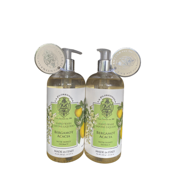 Bergamot & Acacia Handsoap Two bottles of LA FLORENTINA Bergamot Acacia Hand Wash with elegant Italian floral design