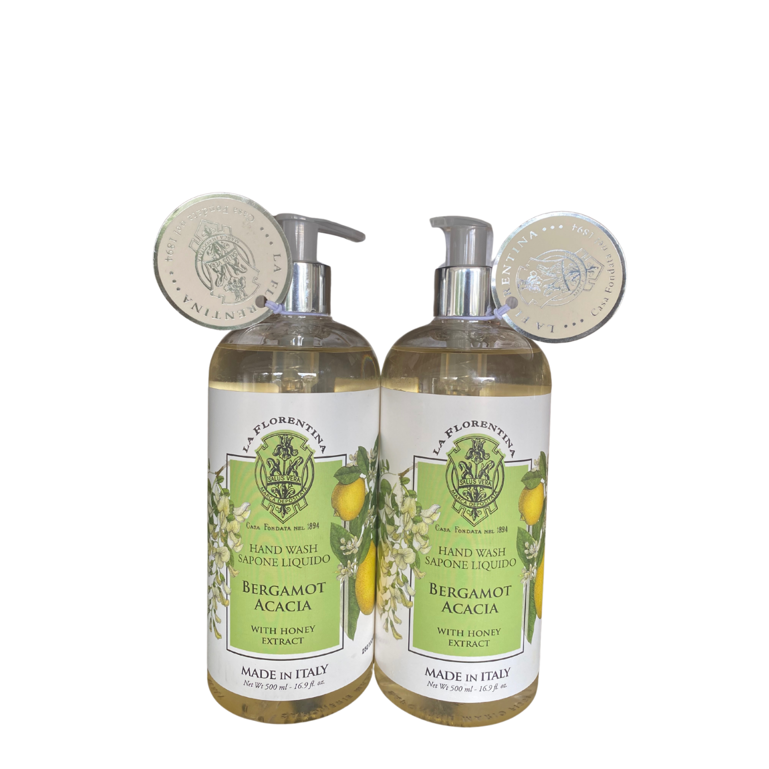 Two bottles of LA FLORENTINA Bergamot Acacia Hand Wash with elegant Italian floral design