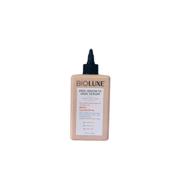 Bioluxe Pro-Growth Hair Serum BIOLUXE Pro-Growth Hair Serum bottle – enriched with biotin and castor oil for stronger, healthier hair growth.