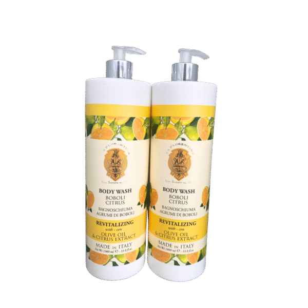 Two bottles of La Florentina Boboli Citrus Body Wash with vibrant citrus-themed packaging