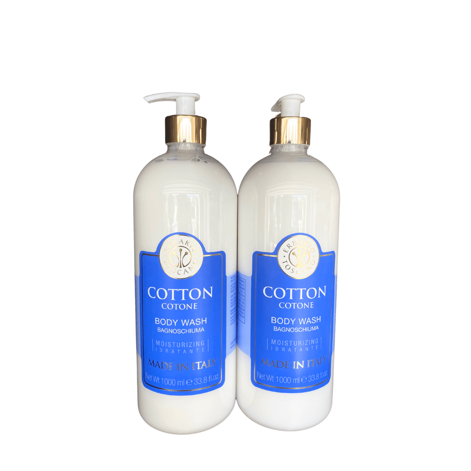 Two bottles of Erbario Toscano Cotton Body Wash with minimalist, clean white Italian packaging