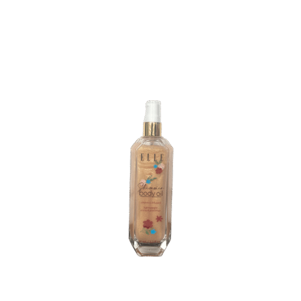 ELLE Vitamin C shimmer body oil bottle with golden shimmer