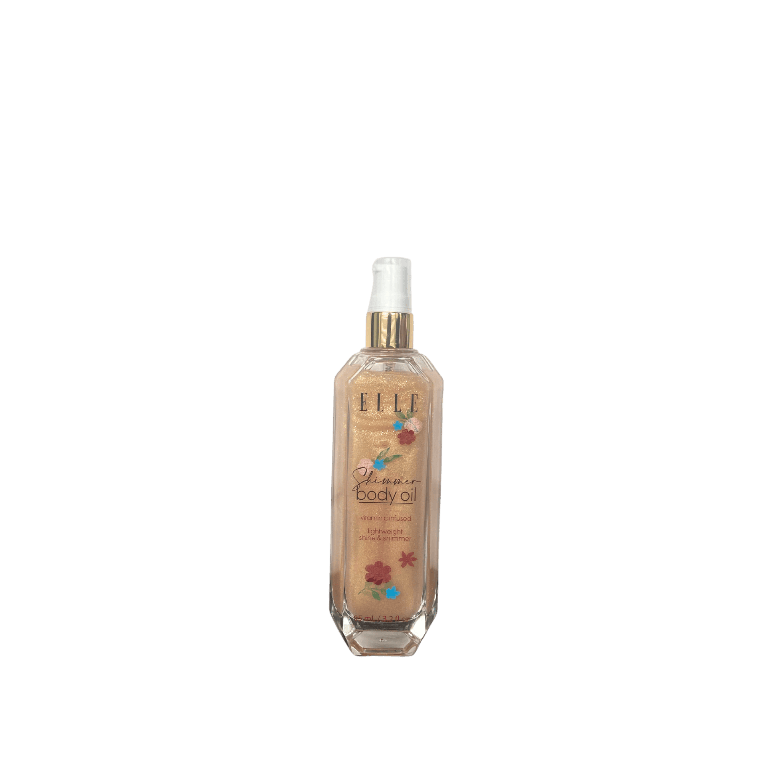 ELLE Vitamin C shimmer body oil bottle with golden shimmer