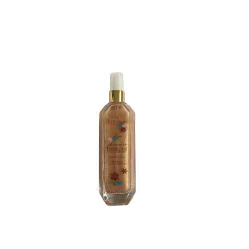 ELLE Shimmer Body Oil with Vitamin C in a sleek golden bottle for radiant, glowing skin.