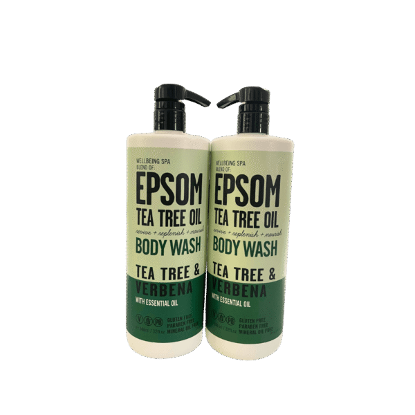 Two bottles of Epsom Tea Tree Oil & Verbena Body Wash by Home & Body Company with clean, spa-inspired packaging