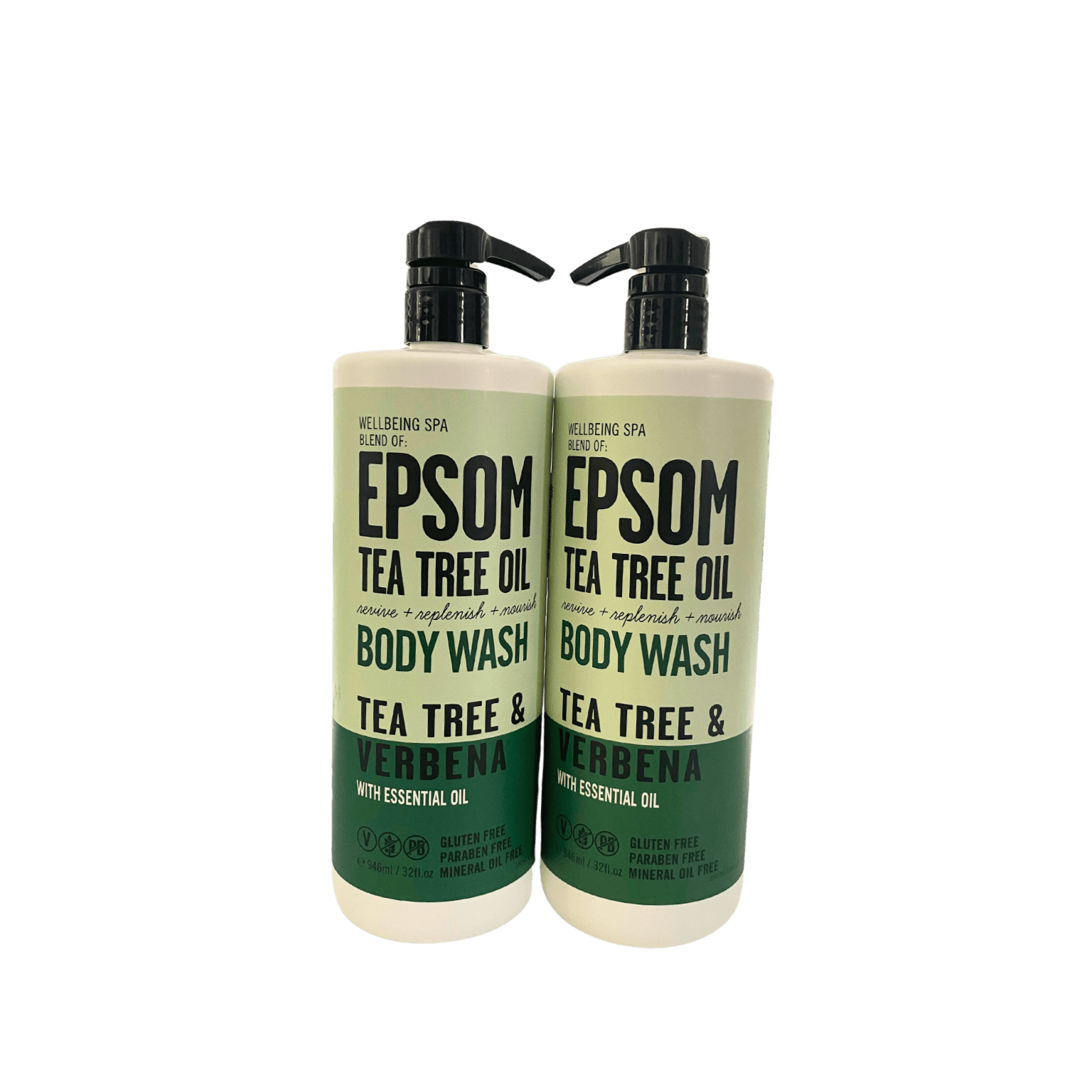 Two bottles of Epsom Tea Tree Oil & Verbena Body Wash by Home & Body Company with clean, spa-inspired packaging