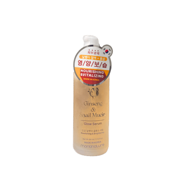 Montnature Ginseng & Snail Mucin Glow Serum – Korean facial serum in a glass dropper bottle