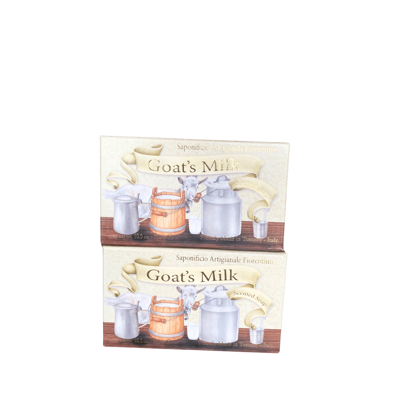 Two bars of Saponificio Artigianale Fiorentino Goat’s Milk Soap with elegant Tuscan packaging
