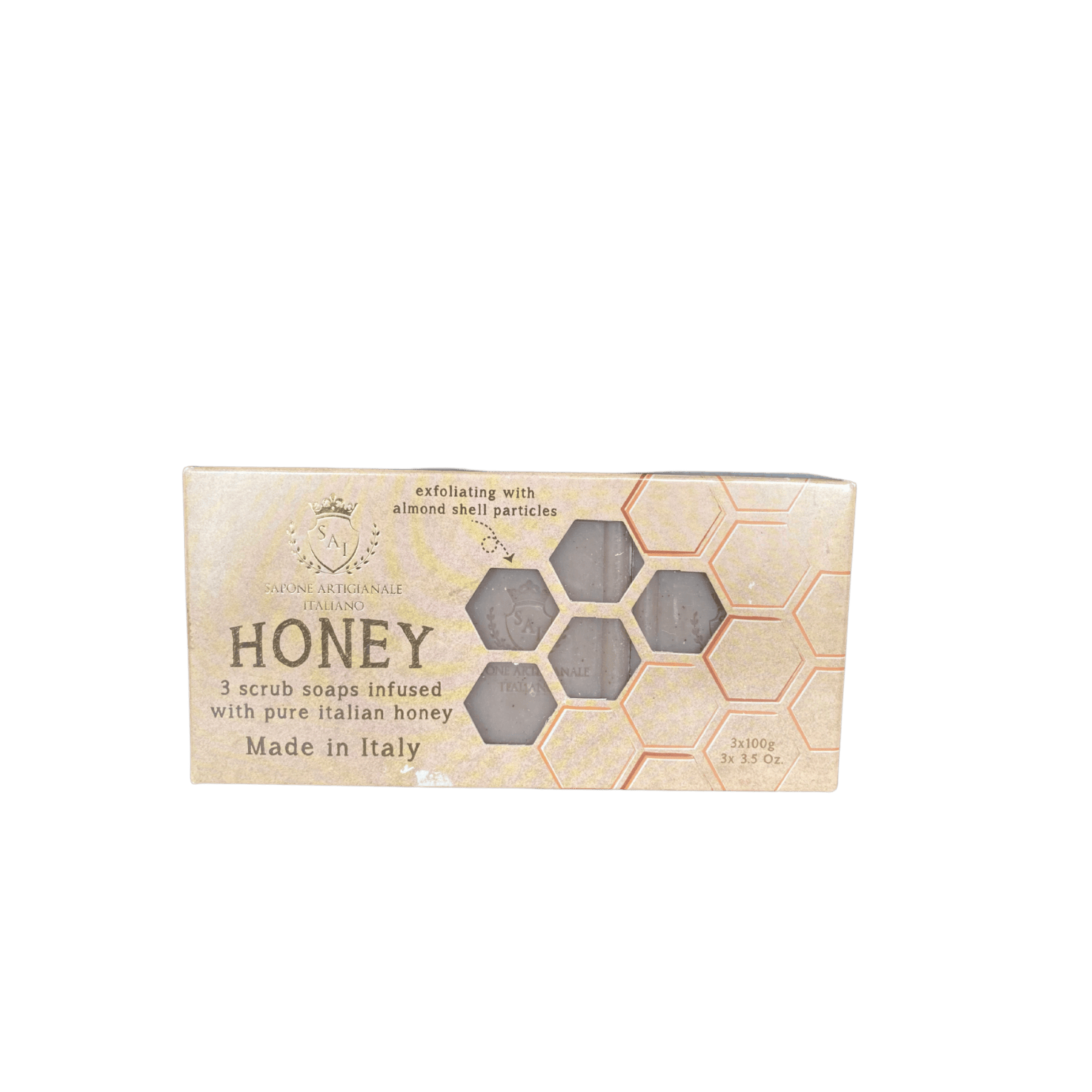 Three exfoliating honey soap bars by Sapone Artigianale Italiano with rustic Italian packaging