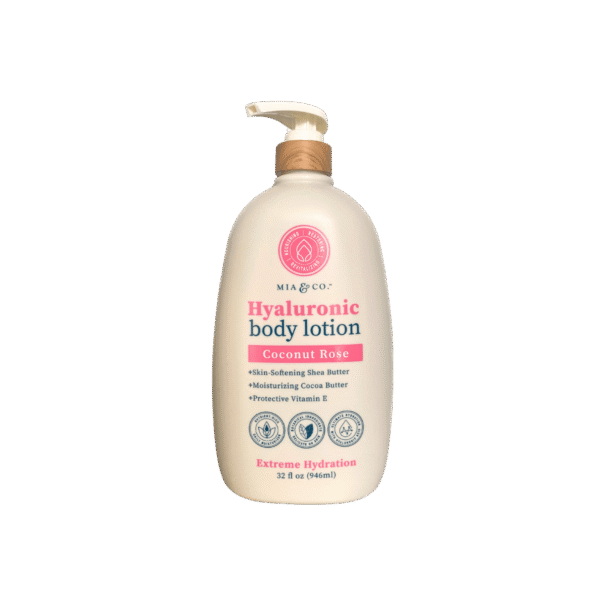 MIA & CO Coconut Rose Hyaluronic Body Lotion – lightweight hydrating body moisturizer with floral scent
