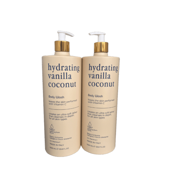 La Verde Vita Hydrating Vanilla Coconut Body Wash 2-Pack – Made in Italy with Vitamin C, shown in a clean bathroom setting.