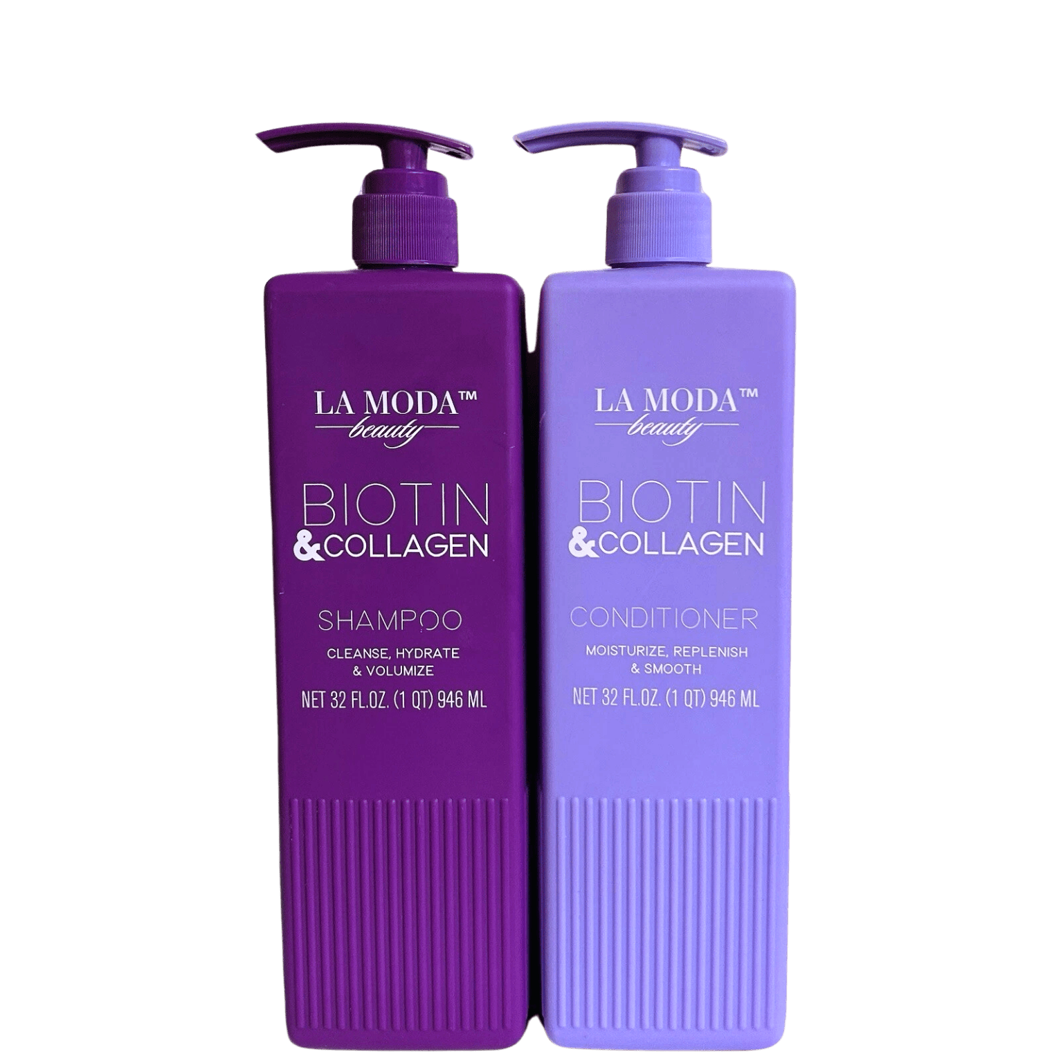 La Moda Beauty Biotin & Collagen Shampoo and Conditioner bottles on a bathroom counter with thick, shiny hair in background