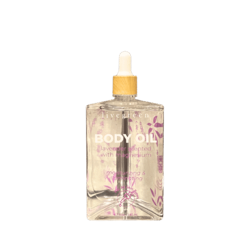 Bottle of Lavender & Magnesium Body Oil by LiveGreen – Illuminating and moisturizing formula for radiant, healthy skin