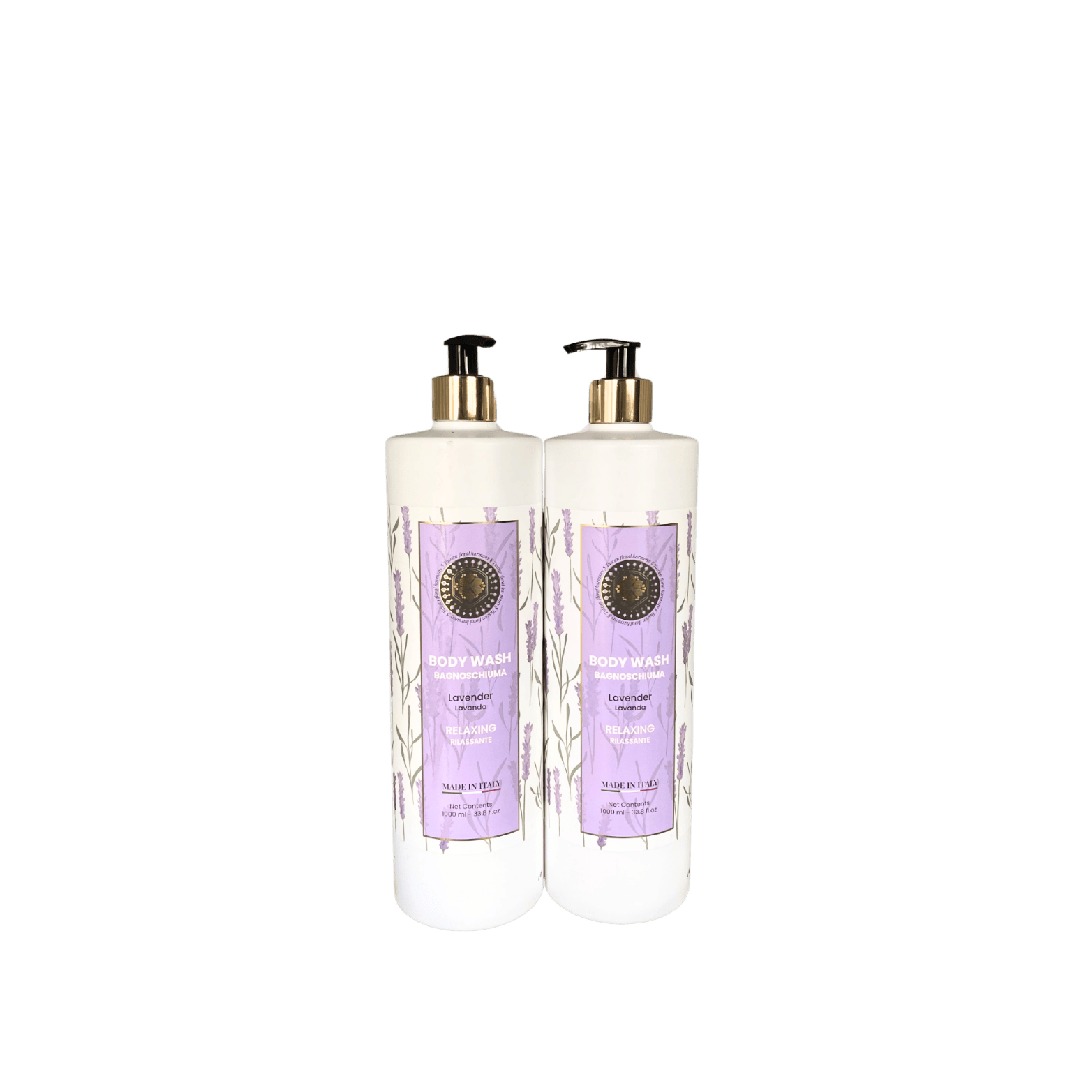 Two bottles of Lavender Relaxing Body Wash by Tuscan Floral Harmony with elegant floral-themed packaging
