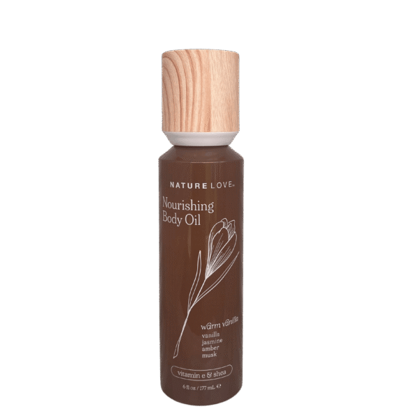 Nature Love Nourishing Body oil _Website Nature Love Warm Vanilla Body Oil bottle with vanilla beans and soft fabric background
