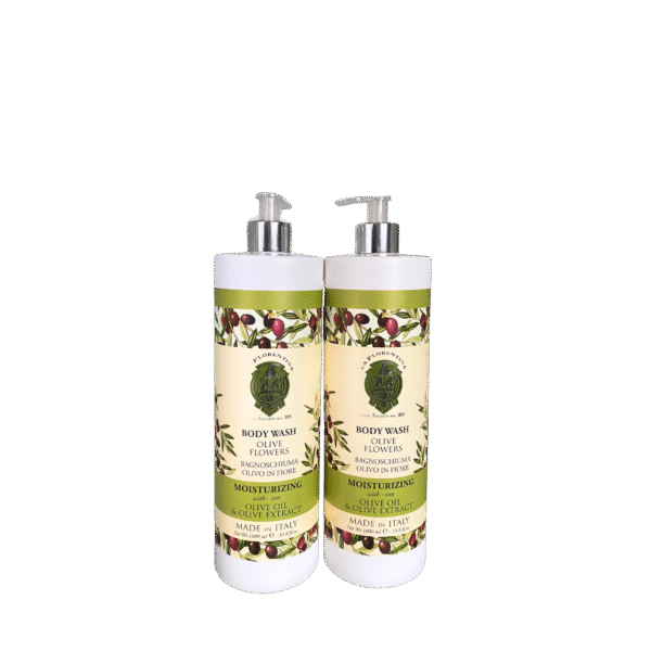Two bottles of La Florentina Olive Flowers Body Wash with elegant Italian botanical packaging