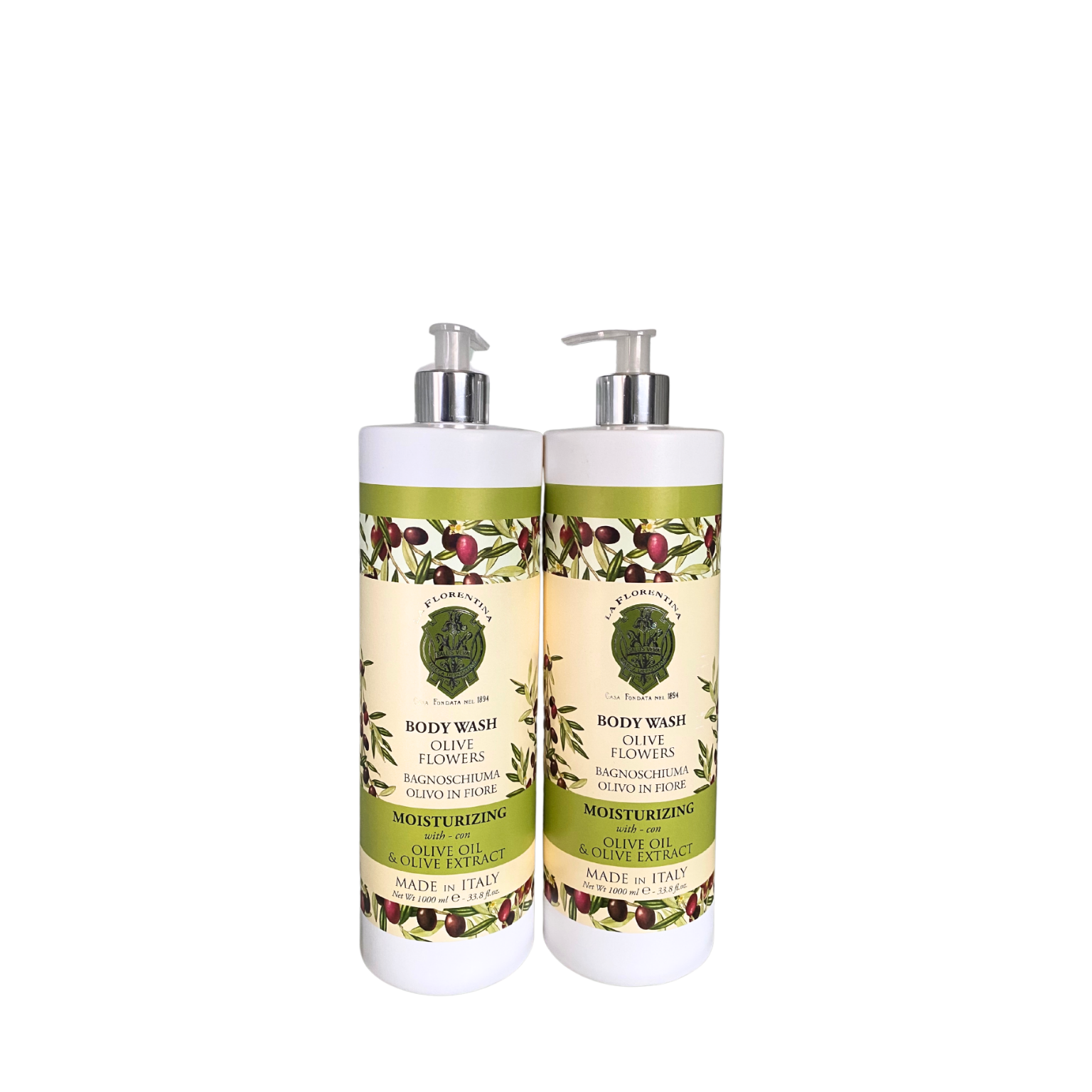 Two bottles of La Florentina Olive Flowers Body Wash with elegant Italian botanical packaging