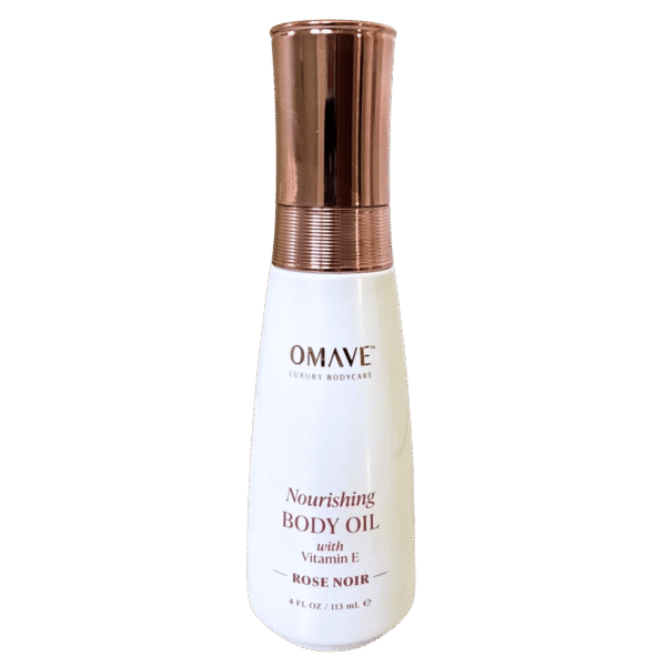 Omave Nourishing Body oil Rose Noir Bottle of Rose Noir Body Oil with rose petals and soft lighting