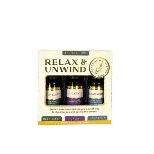 Nature LoveThree 10ml amber essential oil bottles labeled Deep Sleep, Calm and Headache Relief