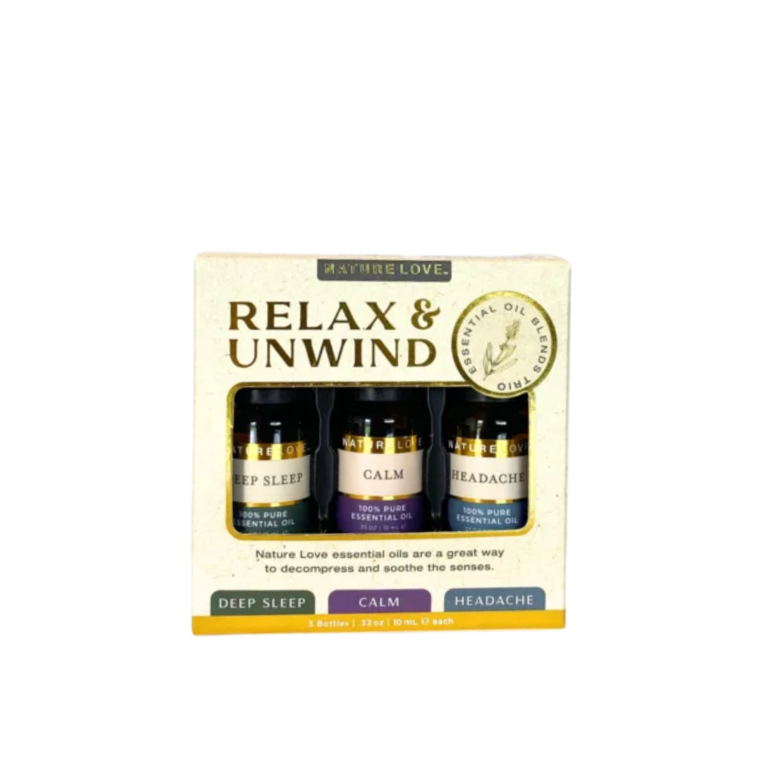Nature LoveThree 10ml amber essential oil bottles labeled Deep Sleep, Calm and Headache Relief