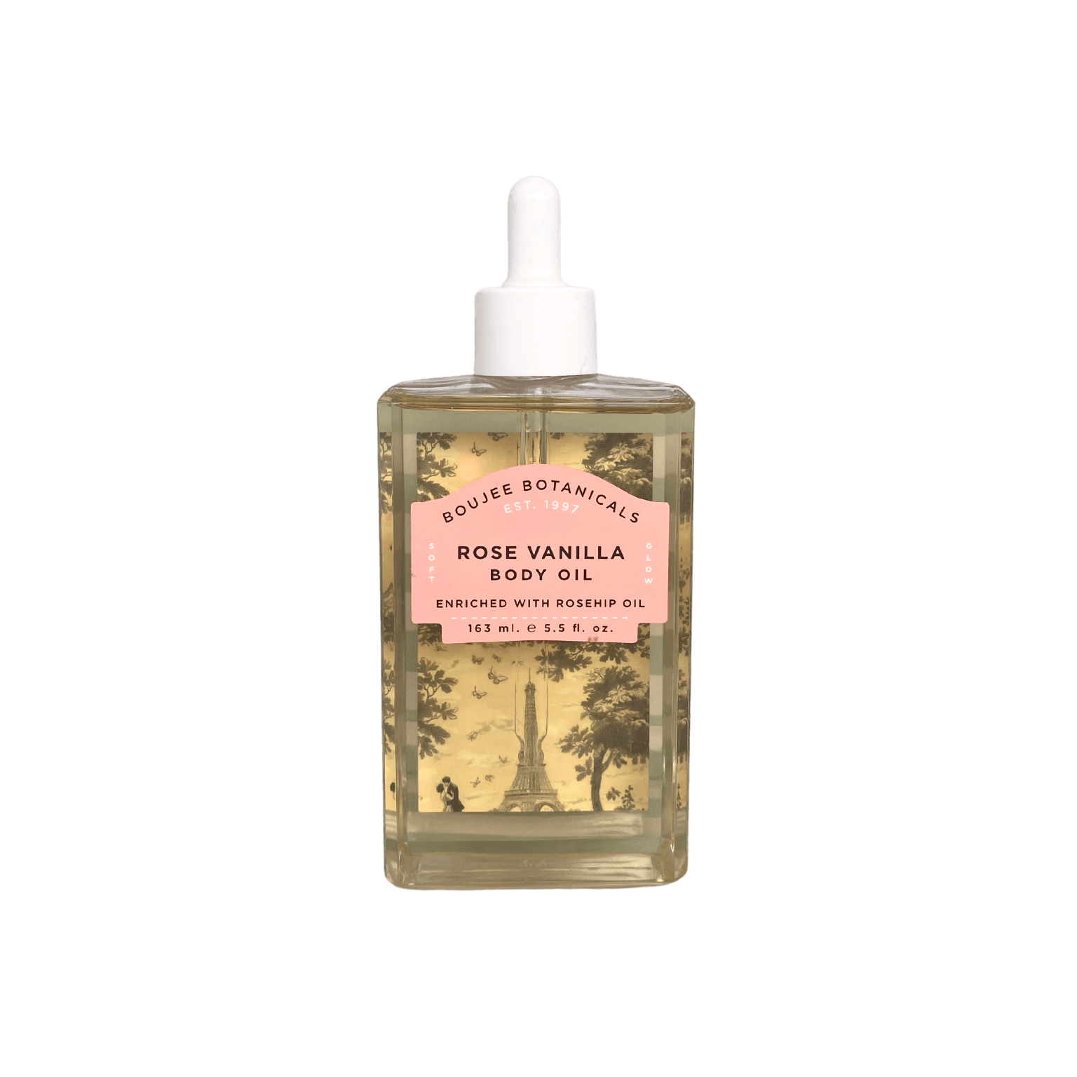 Rose Vanilla Body Oil bottle with rose petals and vanilla pods