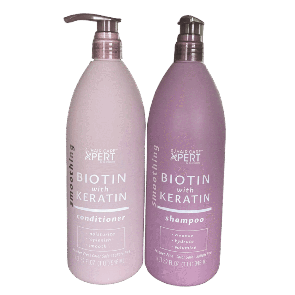 SJ Hair Care Xpert Smoothing Biotin with Keratin Shampoo & Conditioner bottle set on white background