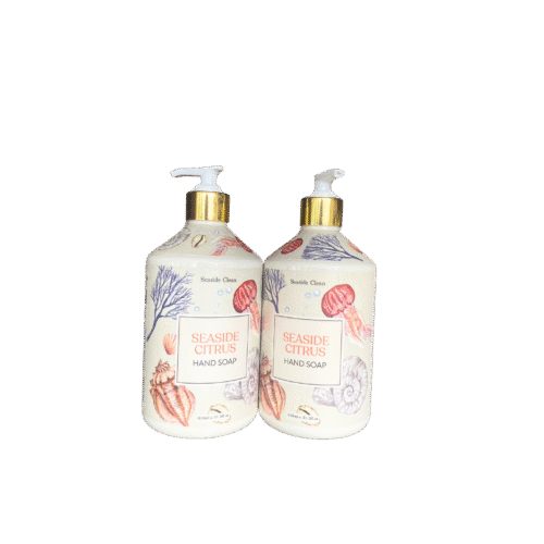 Two bottles of Seaside Citrus Hand Soap by Home & Body Company with bright, citrus-themed coastal packaging