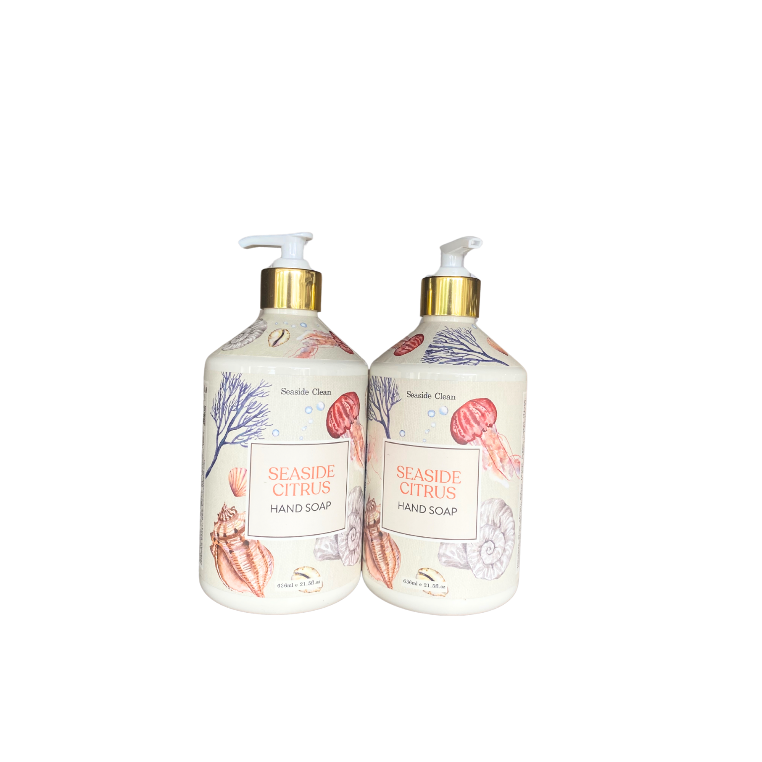 Two bottles of Seaside Citrus Hand Soap by Home & Body Company with bright, citrus-themed coastal packaging