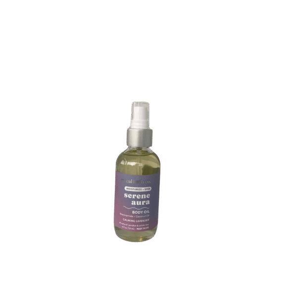 So cal bath Co. Serene Aura body oil_website Serene Aura Lavender Body Oil by So Cal Bath Co. in a clear glass bottle with soothing botanical infusion.