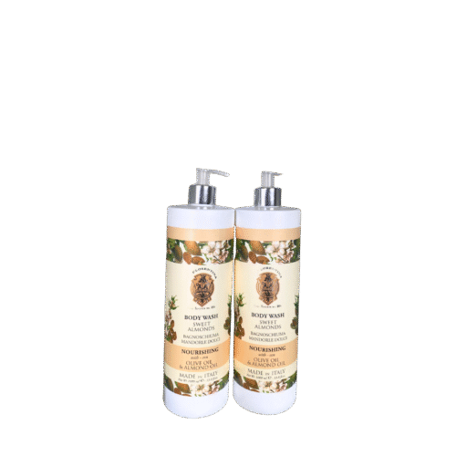 Two bottles of Sweet Almonds Body Wash by LA FLORENTINA with warm-toned, classic Italian packaging