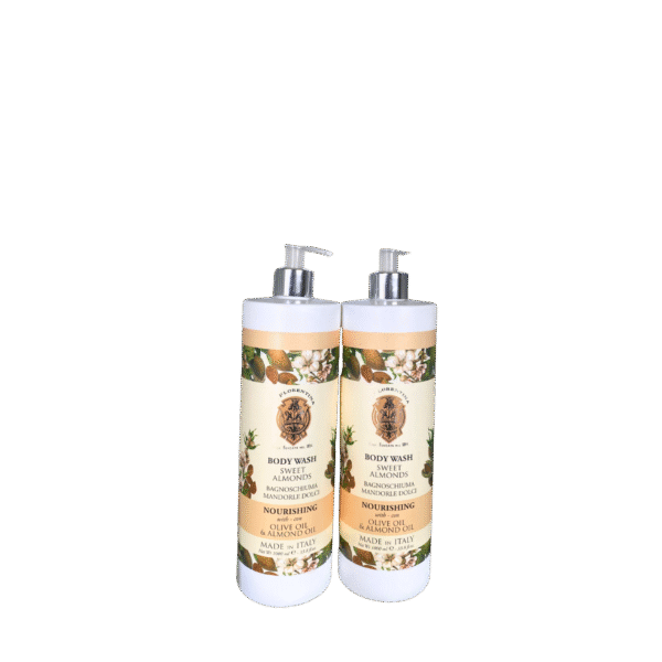 Two bottles of Sweet Almonds Body Wash by LA FLORENTINA with warm-toned, classic Italian packaging
