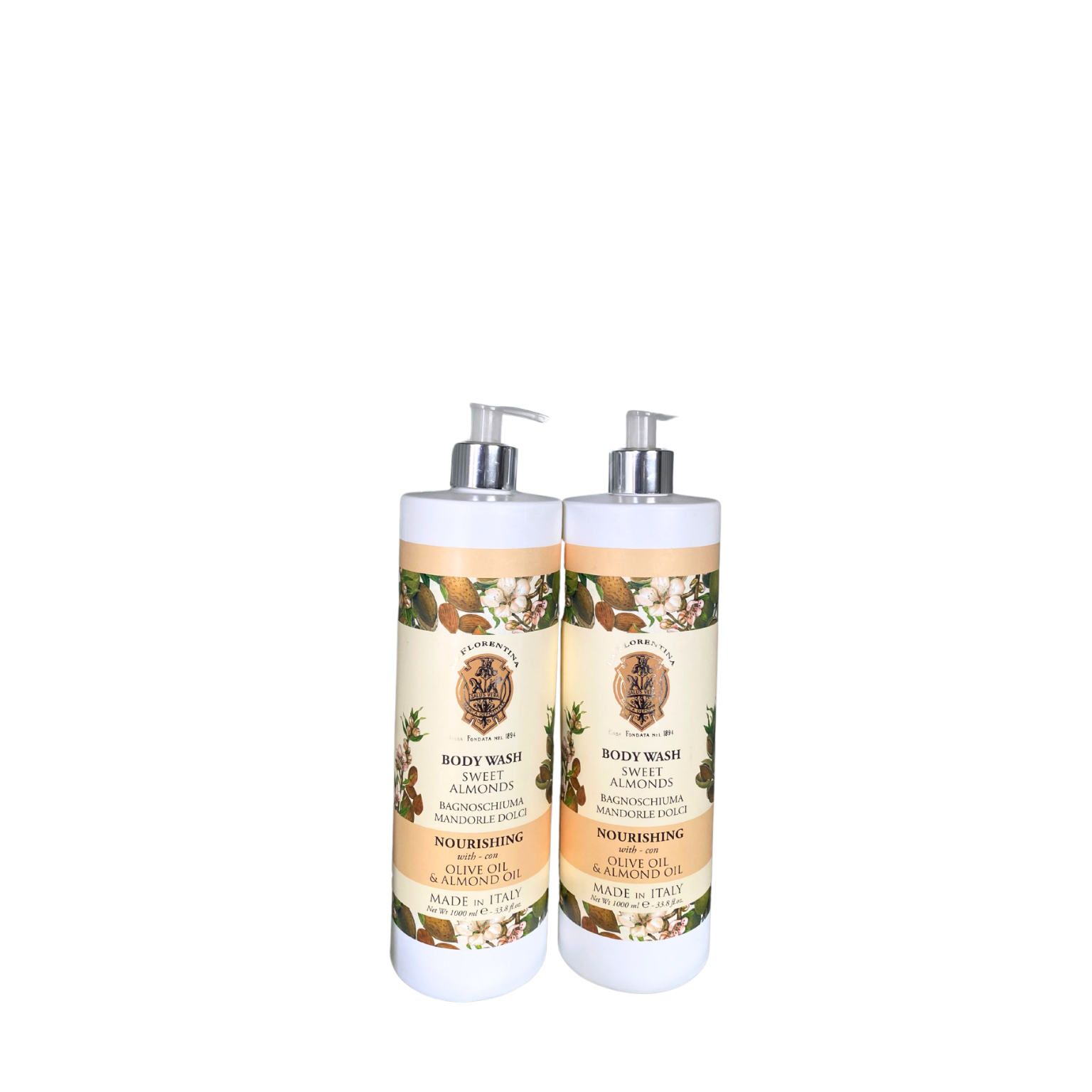 Two bottles of Sweet Almonds Body Wash by LA FLORENTINA with warm-toned, classic Italian packaging