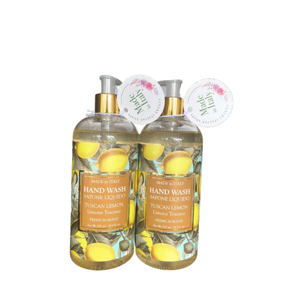 Two bottles of Tuscan Lemon Premium Blend Hand Wash with vibrant Italian citrus design
