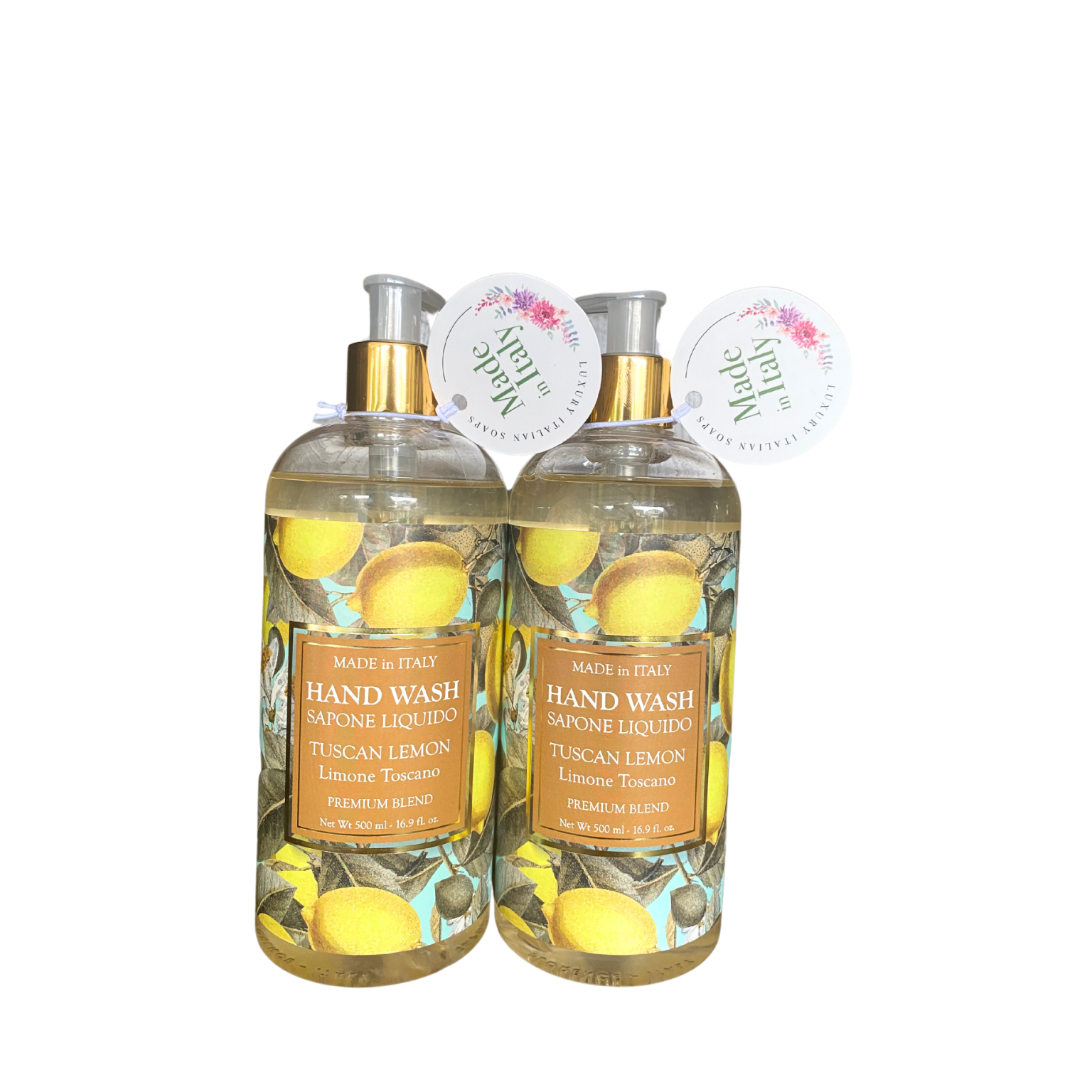 Two bottles of Tuscan Lemon Premium Blend Hand Wash with vibrant Italian citrus design