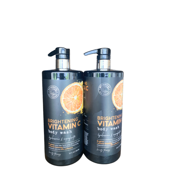Two bottles of Brightening Vitamin C Body Wash by Botanical Spa Therapy, with vibrant packaging featuring citrus and superfruits – ideal for glowing, hydrated skin.