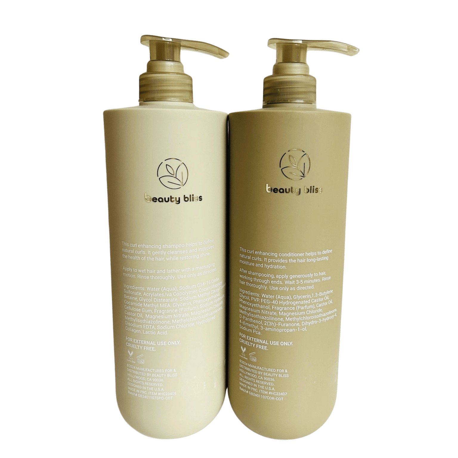 Beauty Bliss Curl Enhance Shampoo and Conditioner bottles beside natural curls and coconut oil