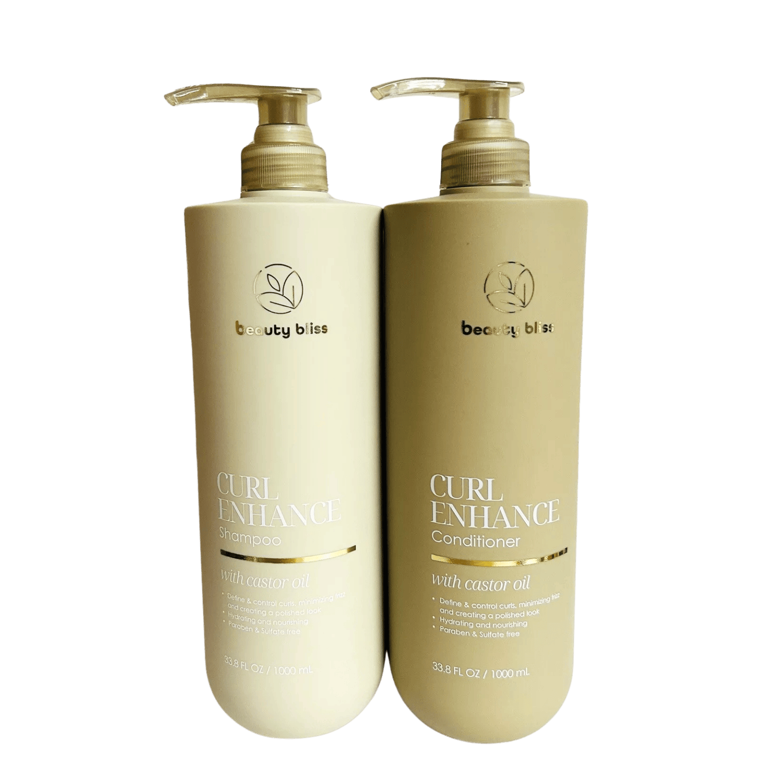 Beauty Bliss Curl Enhance Shampoo and Conditioner bottles beside natural curls and coconut oil