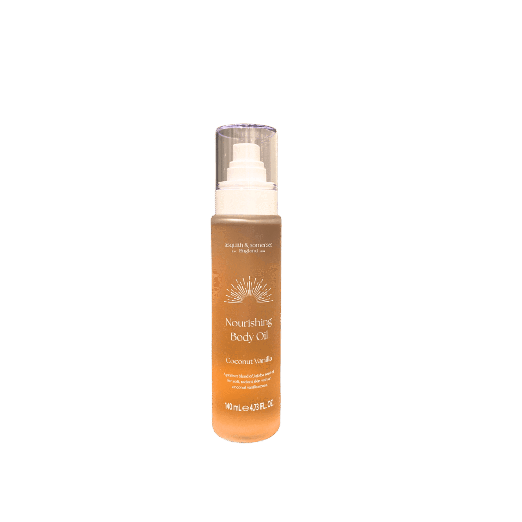 Coconut & Vanilla Nourishing Body Oil bottle by Asquith & Somerset with hydrating benefits for smooth, glowing skin