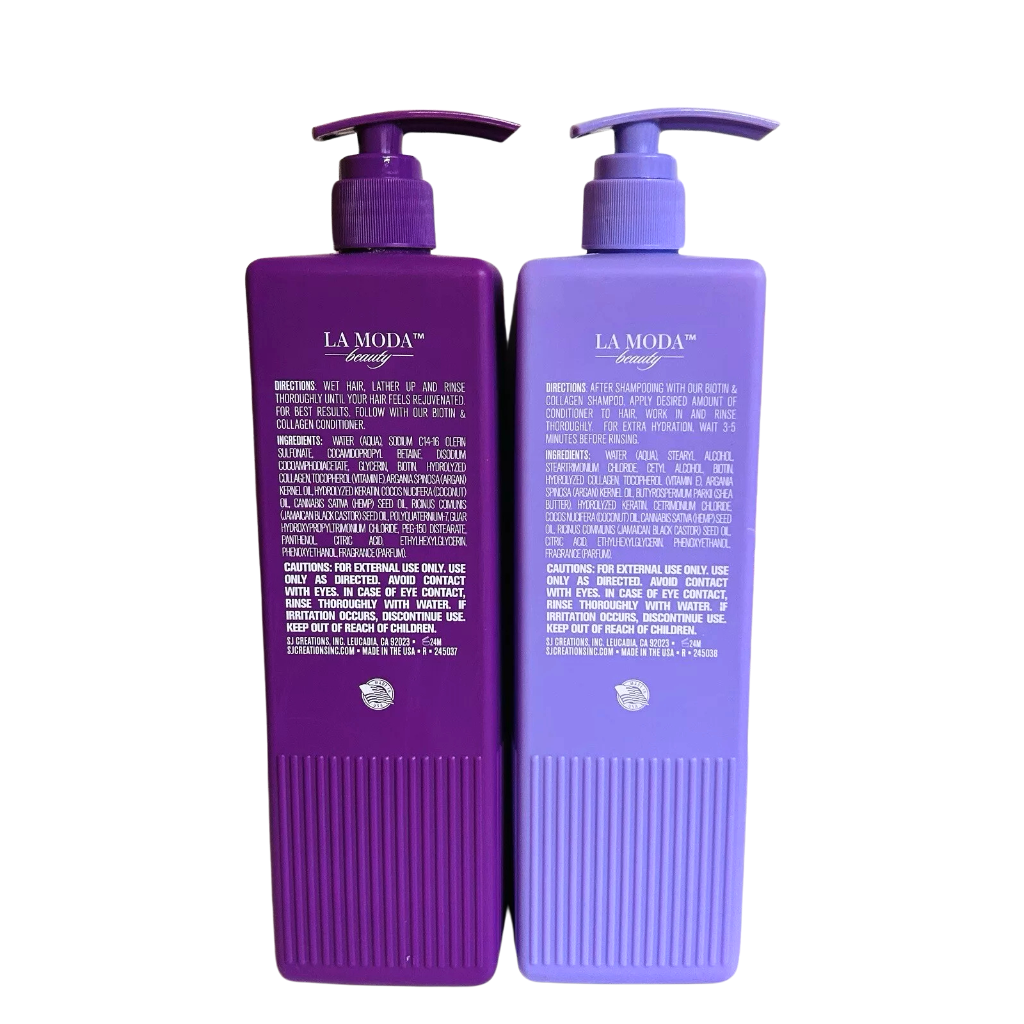 La Moda Beauty Biotin & Collagen Shampoo and Conditioner bottles on a bathroom counter with thick, shiny hair in background