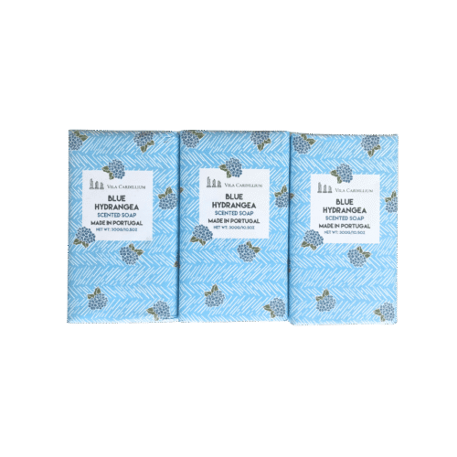 Three pastel blue embossed Blue Hydrangea soap bars with elegant packaging, made in Portugal.