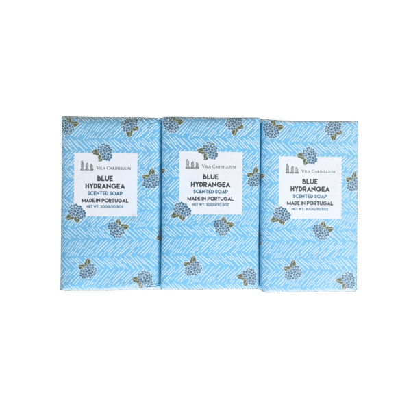 Three pastel blue embossed Blue Hydrangea soap bars with elegant packaging, made in Portugal.