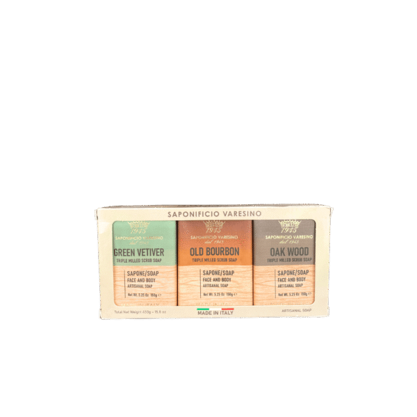 Green Vetiver, Old Bourbon & Oak Wood Soap Trio – Artisan Soap Bars for Men, Made in Italy