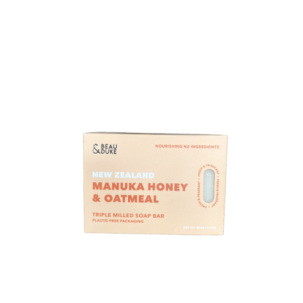 Natural Manuka Honey & Oatmeal Soap Bar made in New Zealand with gentle exfoliating texture and eco-conscious packaging.